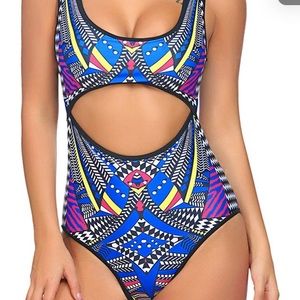 Blue Black Deco Tribal Monokini Swimsuit Bikini